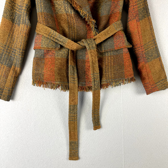 Anthropologie Cartonnier Plaid Wrap Blazer Women 0 Brown Fringe Tweed Fall - Picture 7 of 16